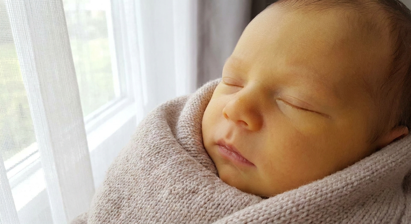 A close-up photograph of a newborn’s face resting near a window with soft natural light, showing a mild yellow tint to the skin and eyes