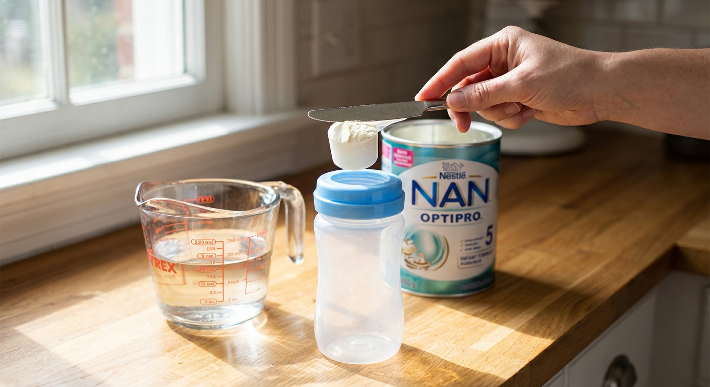 A close-up photograph of a parent leveling a single scoop of powdered infant formula over a clean bottle next to a measuring cup of water on a kitchen counter, bright natural light, photorealistic