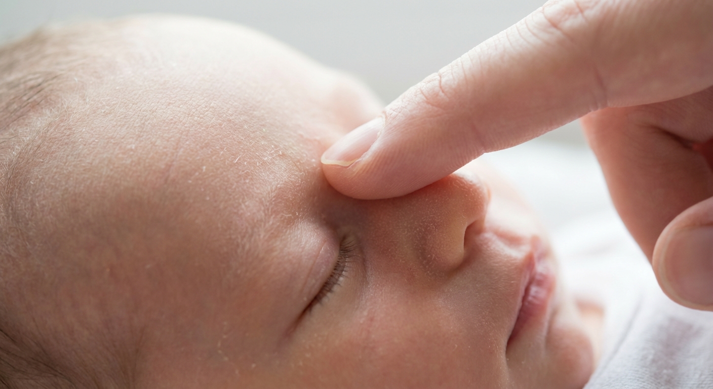 A close-up photograph of a parent’s clean fingertip placed at the inner corner of a newborn’s eye near the bridge of the nose, demonstrating a gentle downward stroke along the side of the nose, soft natural lighting