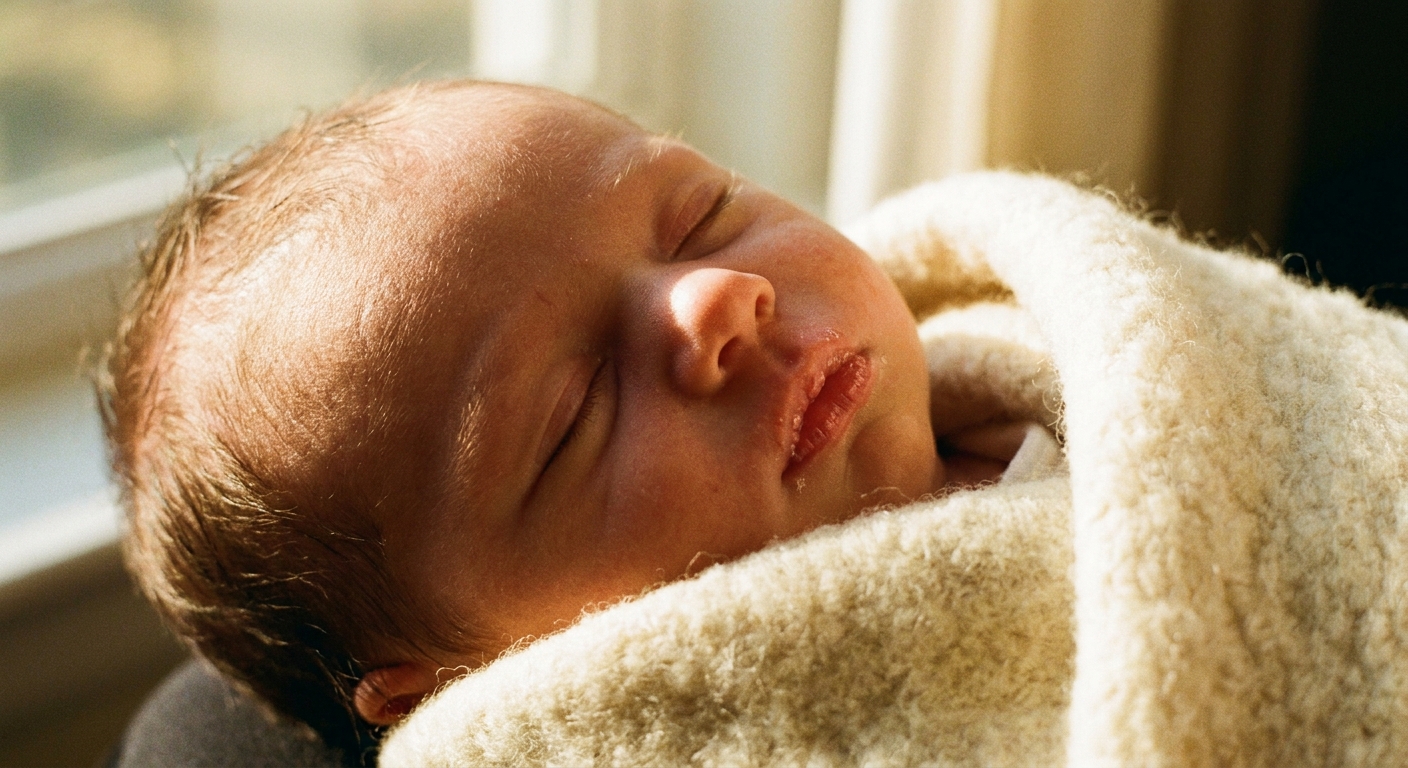 A close-up photograph of a sleeping newborn with slightly chapped lips, wrapped in a soft blanket under warm natural light