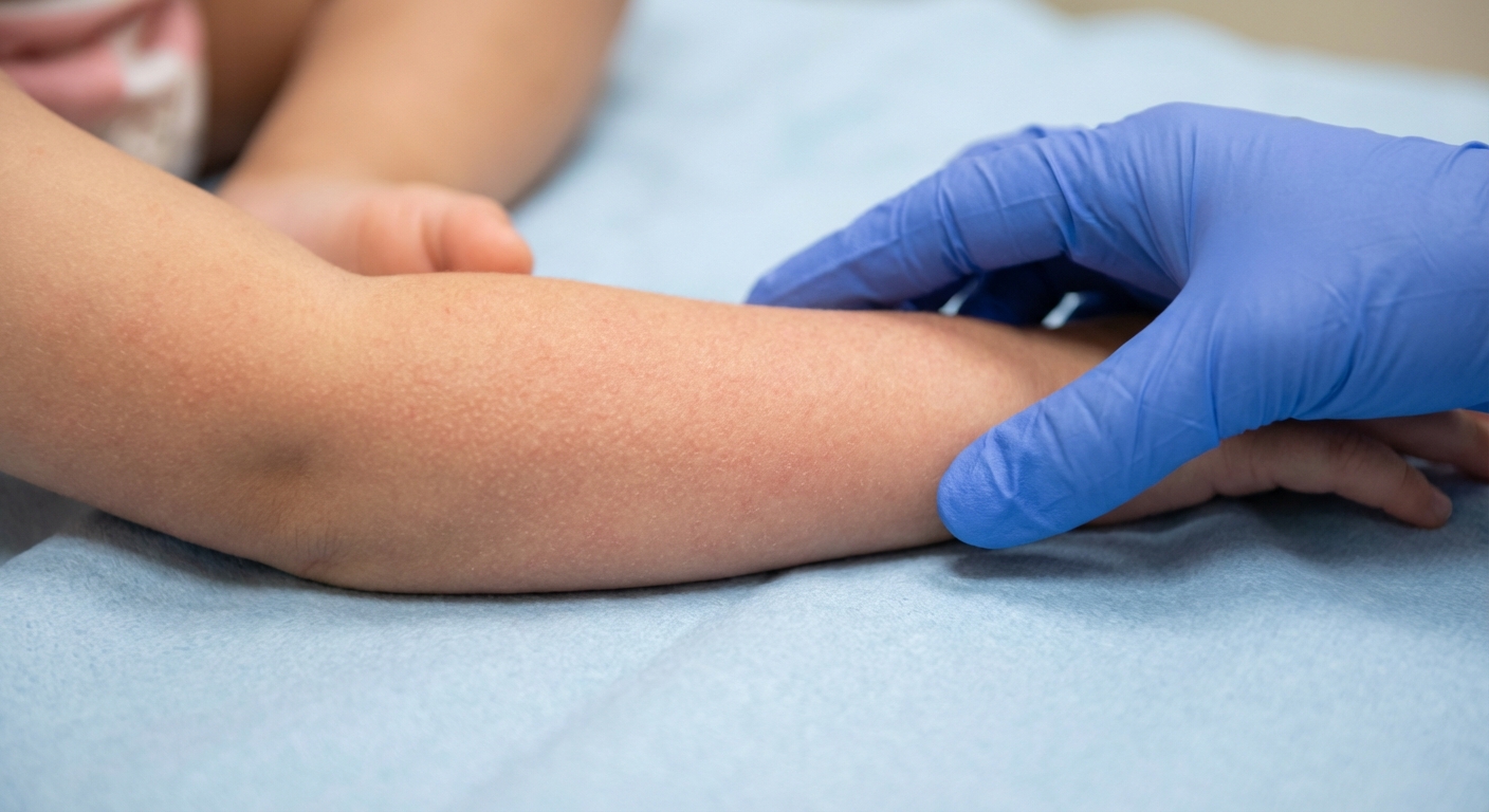 A close-up photograph of a young child’s forearm with a fine, red, slightly raised rash that looks like goosebumps and has a subtle sandpaper texture under soft natural indoor light, clinical but non-graphic
