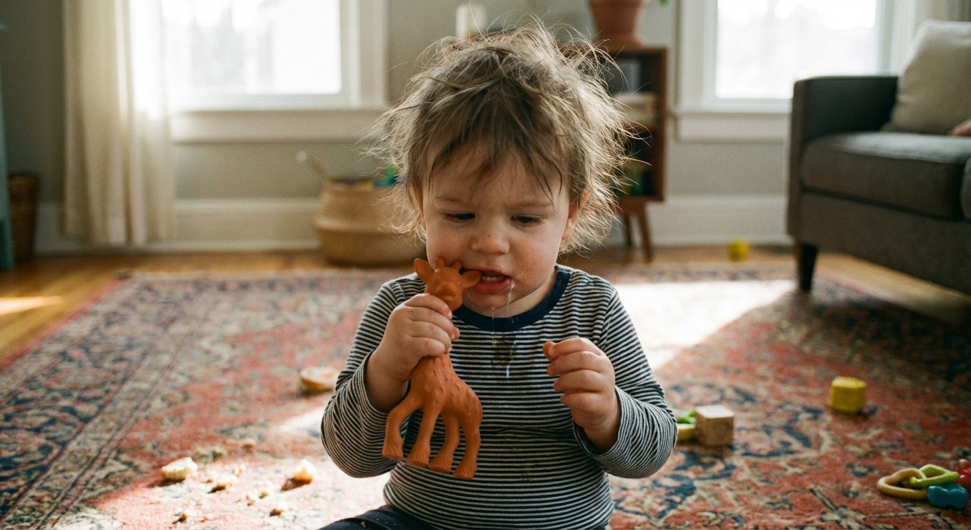 A close-up photograph of an 18-month-old toddler chewing on a silicone teething toy while sitting on a living room rug, natural daylight, realistic family photo style