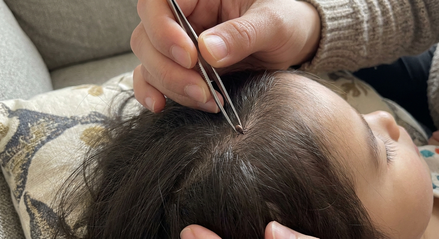 A close-up photograph of an adult using fine-tipped tweezers to gently grasp a tick at the skin line on a child’s scalp while another hand parts the hair, natural indoor lighting