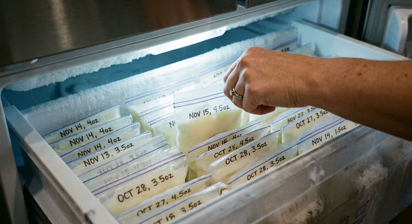 A close-up photograph of labeled breast milk storage bags laid flat in a freezer drawer, with dates written on each bag and a hand sliding one bag into an organized stack