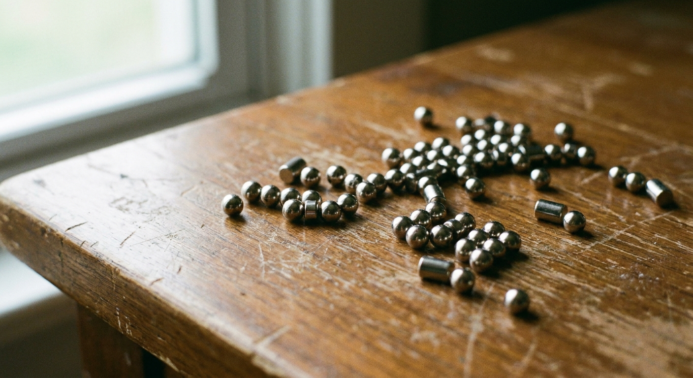 A close-up photograph of small shiny neodymium magnet spheres and short magnet cylinders scattered on a wooden tabletop, natural window light