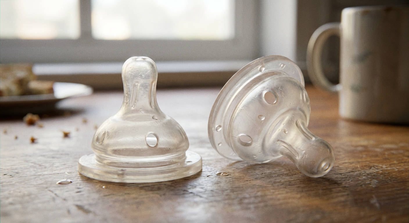 A close-up photograph of two different baby bottle nipples on a kitchen counter in soft natural light, showing realistic silicone texture and shape