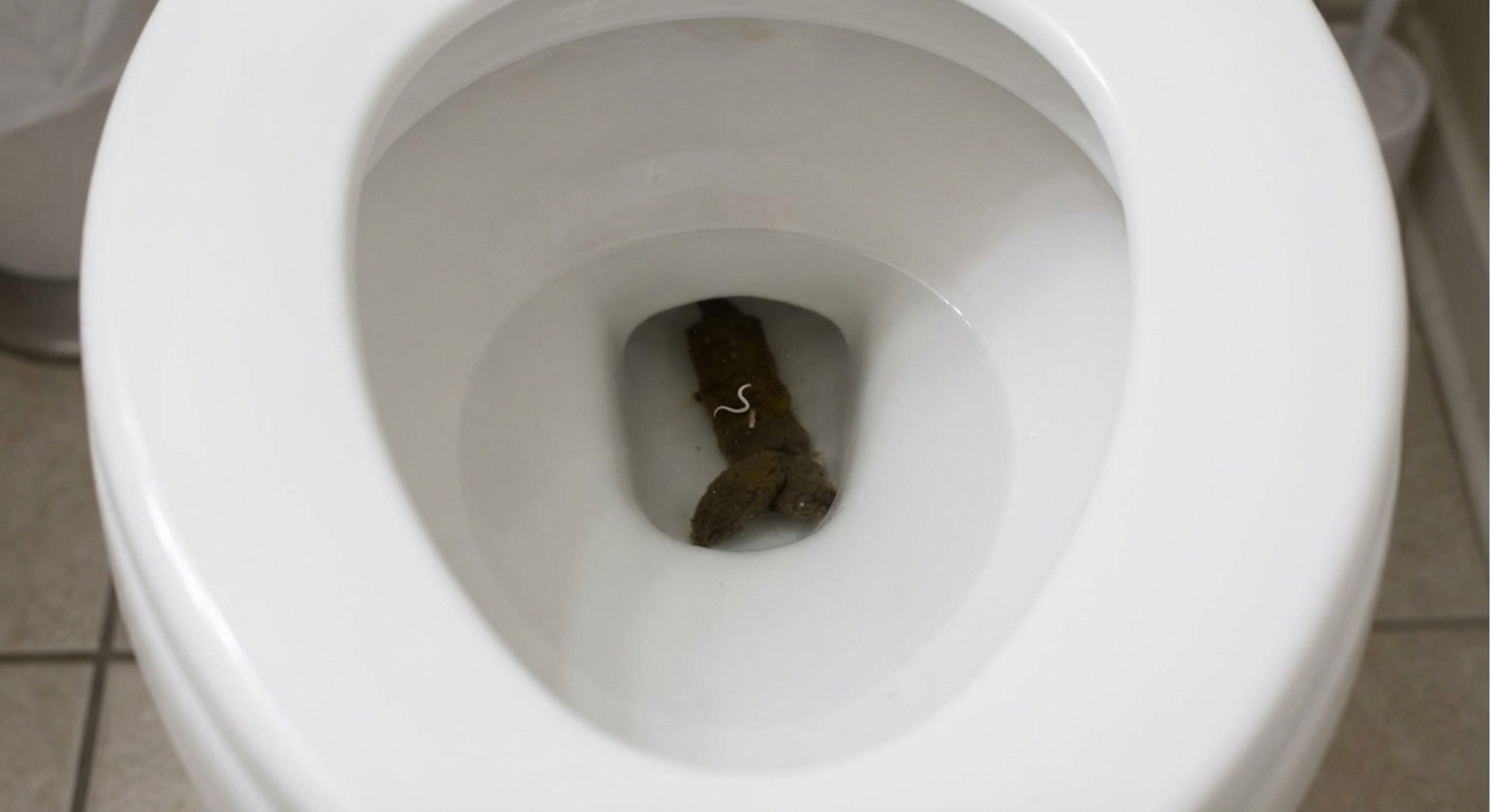 A close-up, photorealistic bathroom scene showing a small piece of stool in a clean toilet bowl with a tiny white threadlike worm visible on the surface, neutral lighting, clinical documentary style