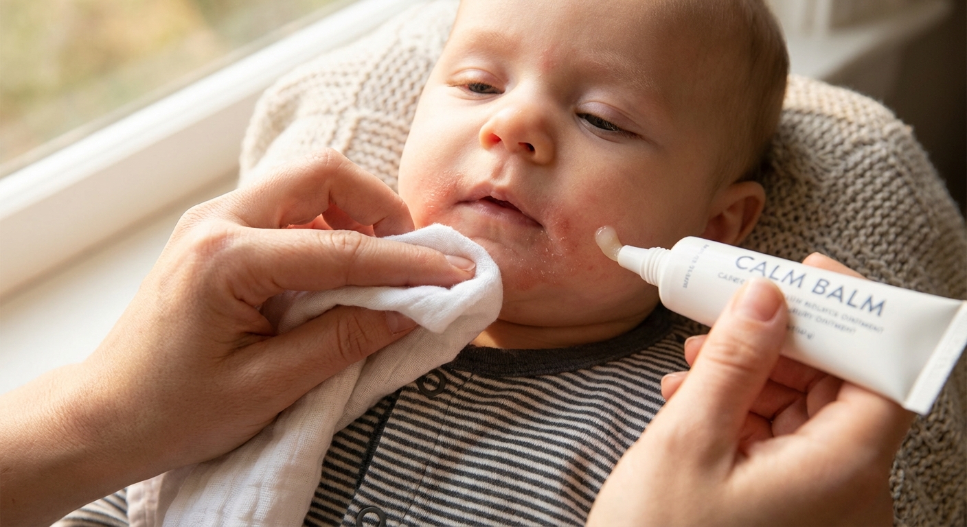 A close-up photorealistic photograph of a parent gently wiping a baby’s chin with a soft cloth while applying a small amount of ointment to protect drool-irritated skin, warm natural light