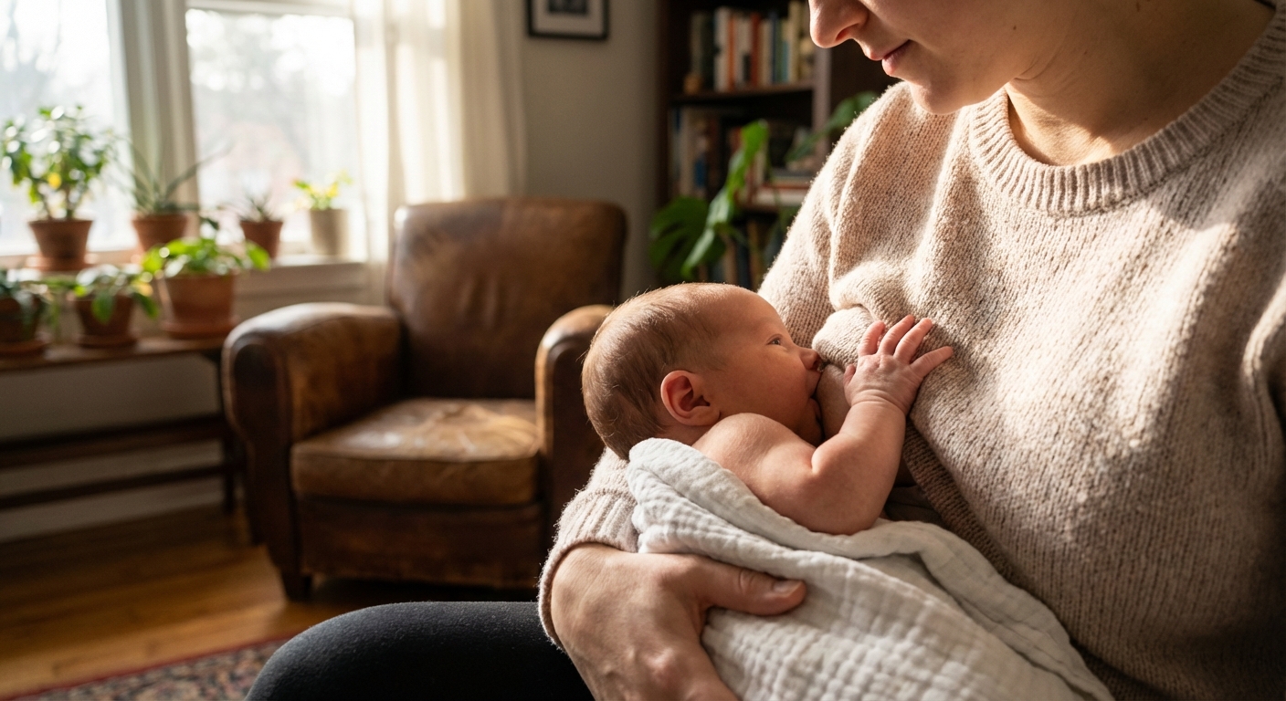 A close-up, photorealistic scene of a parent breastfeeding a newborn in a calm living room, focusing on the baby latched at the breast with soft natural light