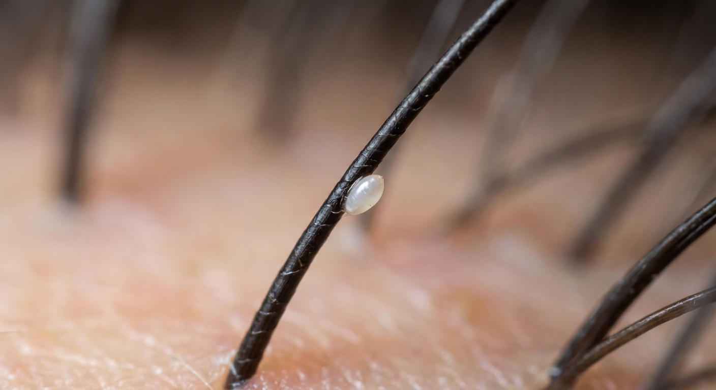 A close-up photorealistic view of a single hair strand with a small oval nit firmly attached near the scalp, shallow depth of field