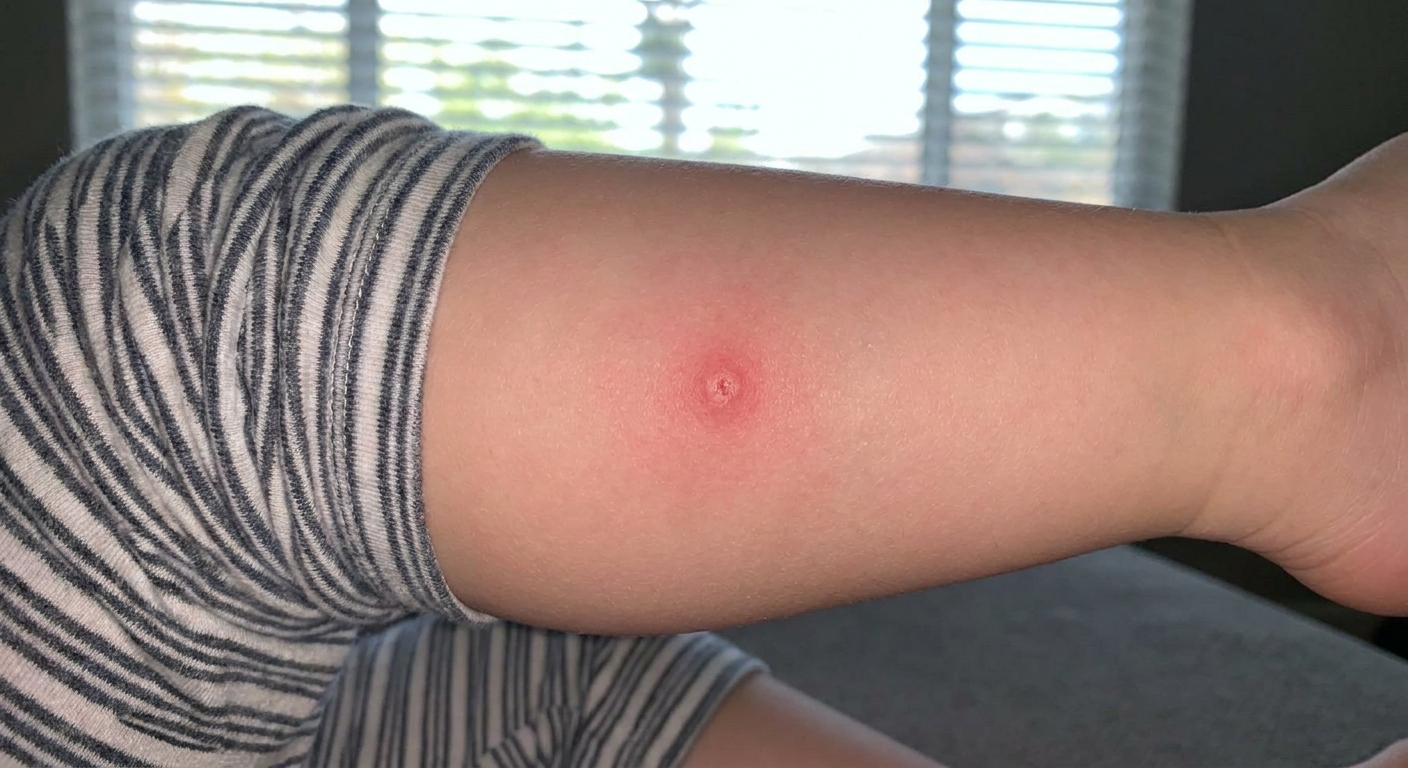 A close-up real-life photo of a child’s lower leg with a small red raised bump and mild surrounding redness on the calf, taken indoors in soft natural light