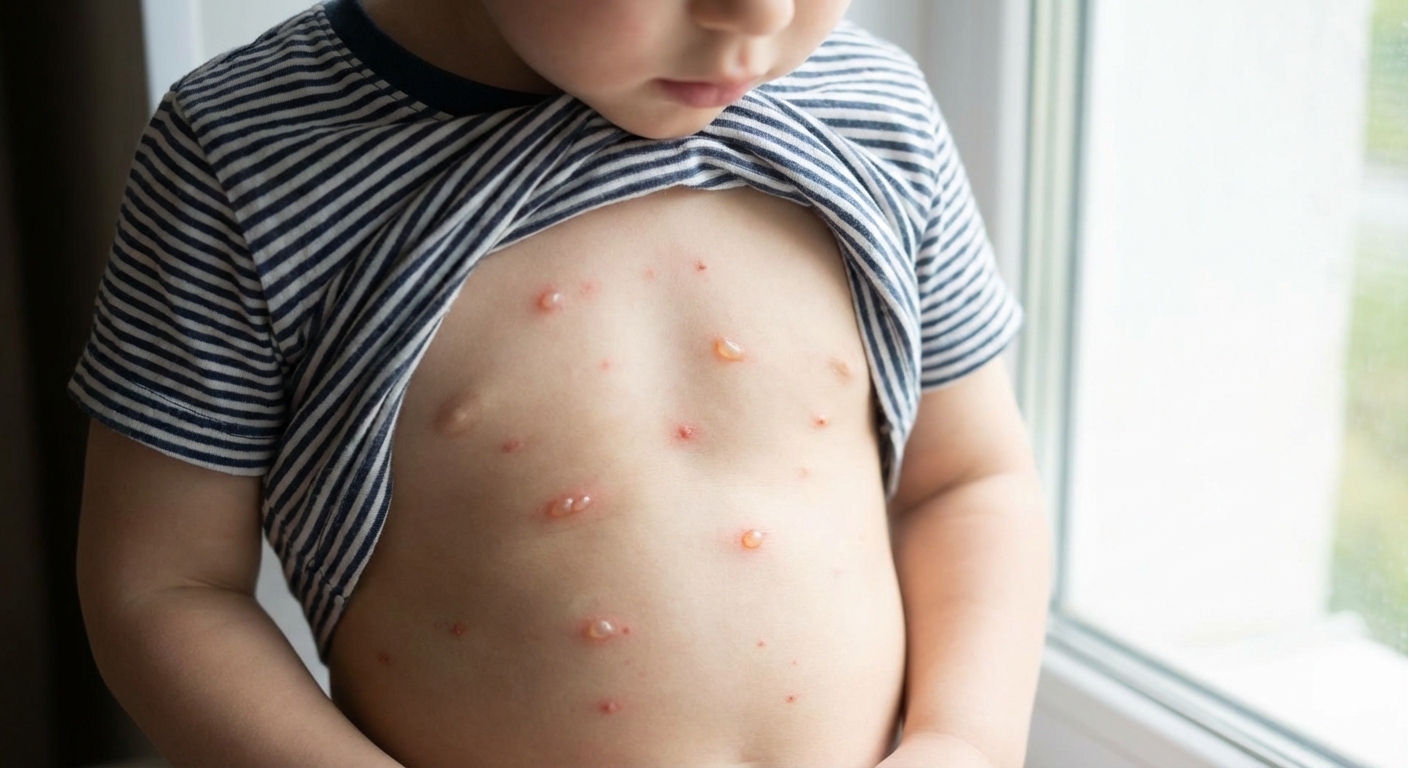 A close-up, real-life photo of a child's torso with scattered small fluid-filled chickenpox blisters and a few red spots in different stages, taken in soft natural indoor light
