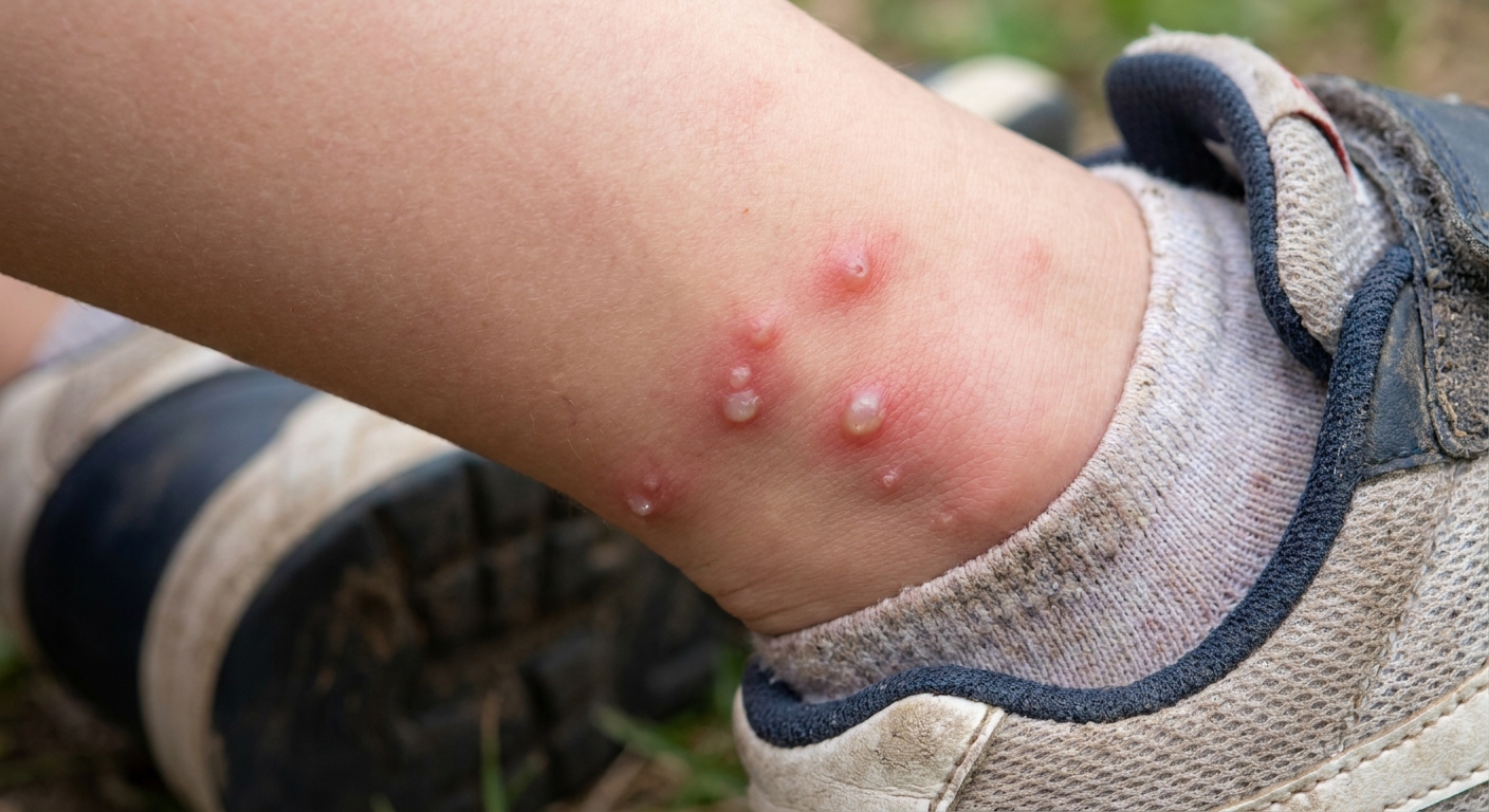 A close-up real photo of a child’s ankle with a cluster of red, raised fire ant sting bumps with mild swelling around the area, natural outdoor lighting