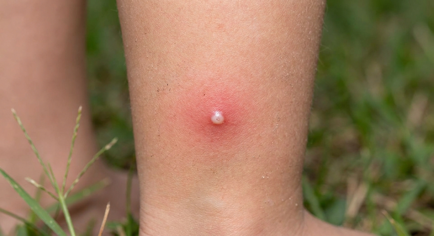 A close-up real photo of a child’s leg showing a single fire ant sting with a small white pustule at the center and a red halo around it