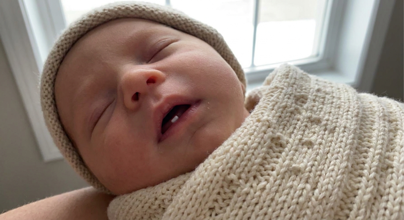 A close-up real photo of a newborn lying on a soft blanket with their mouth slightly open, showing a small tooth on the lower front gum, natural indoor light