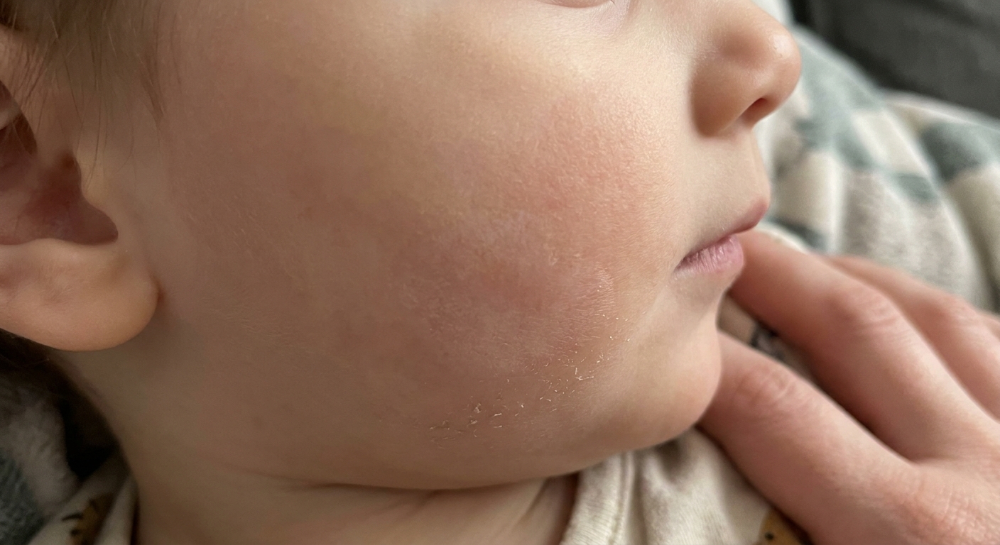 A close-up real photograph of a child’s cheek with a faint light patch and subtle dry, fine scaling on the surface, soft indoor lighting