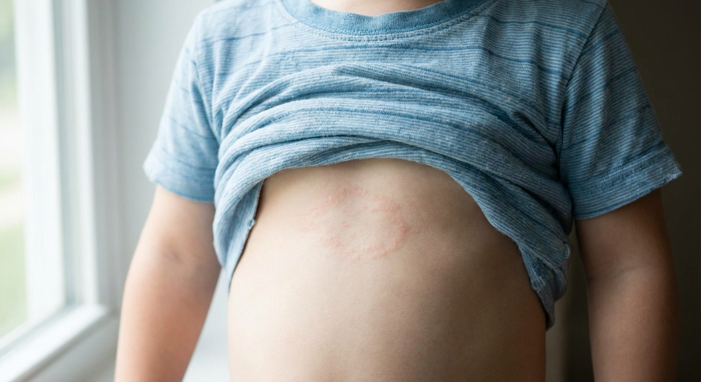 A close-up real photograph of a child's torso showing a faint, light pink ring-shaped rash pattern on the skin in natural indoor lighting