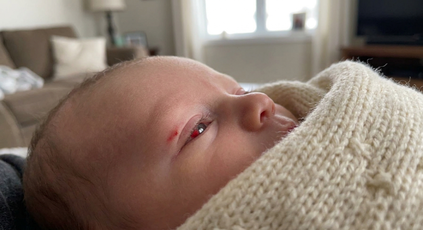 A close-up real photograph of a newborn baby lying on a soft blanket with a bright red patch on the white of one eye, natural indoor light, shallow depth of field