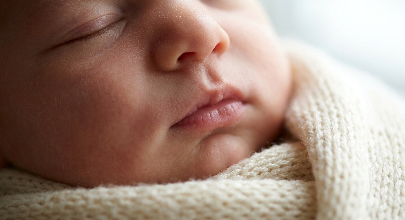 A close-up real photograph of a newborn baby's face while resting, showing the nose and mouth clearly in soft natural light