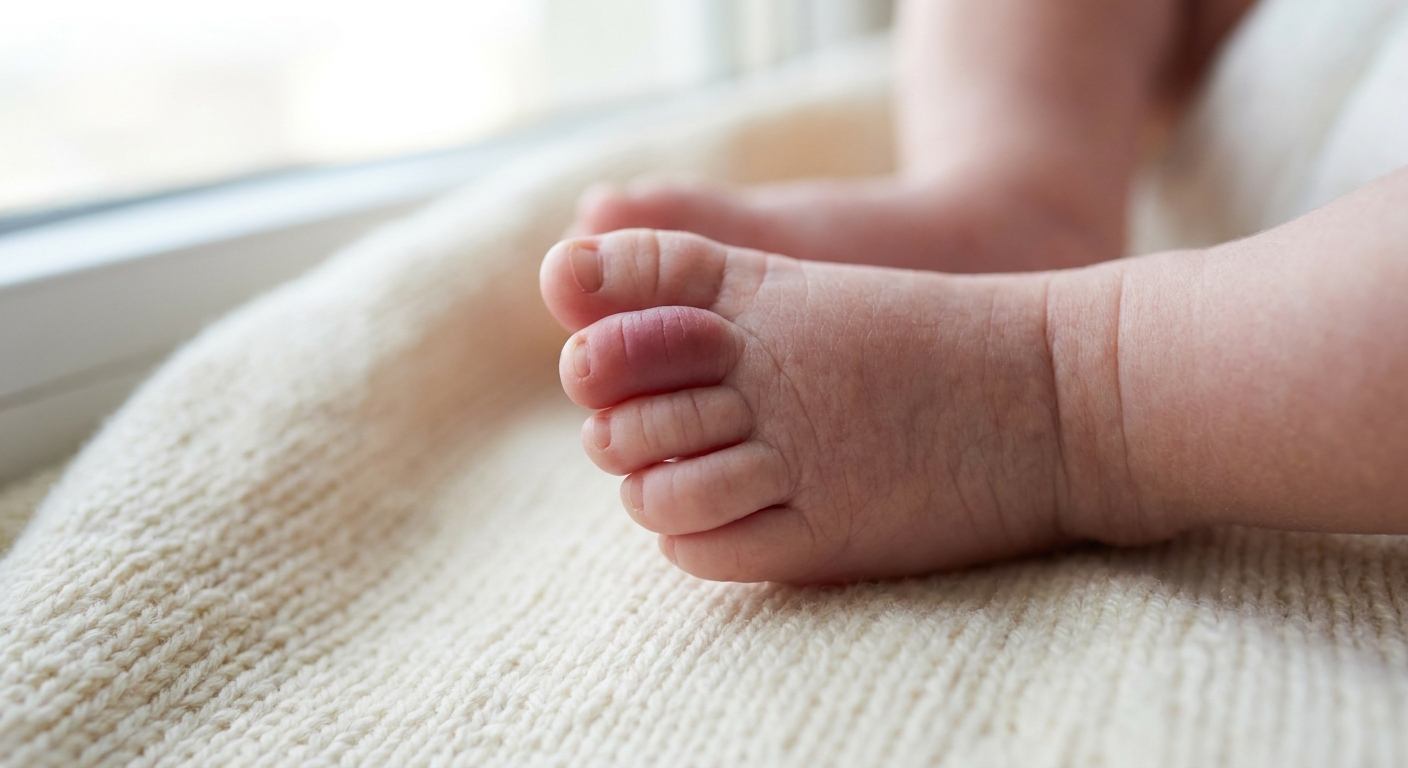 A close-up real photograph of a newborn baby's foot with one toe noticeably swollen and red compared with the others, soft natural indoor lighting
