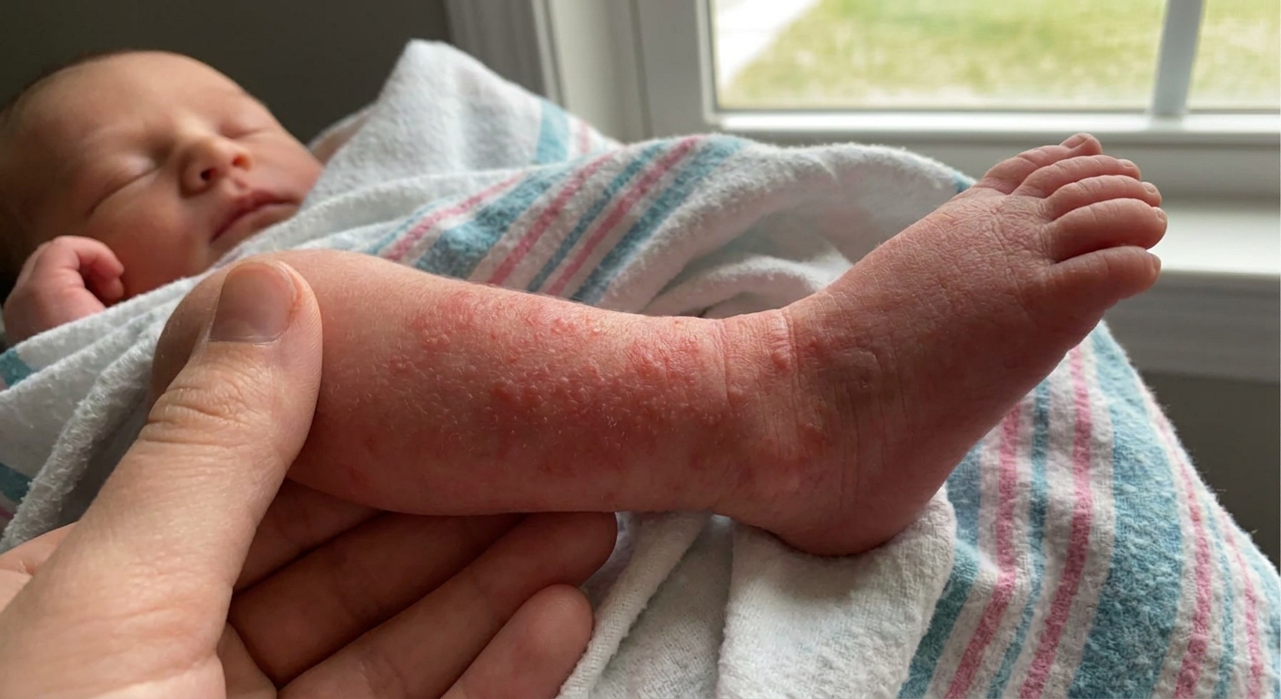 A close-up real photograph of a newborn’s lower leg with noticeable redness and irritated skin texture, suggesting a rash that would warrant medical review, natural indoor light