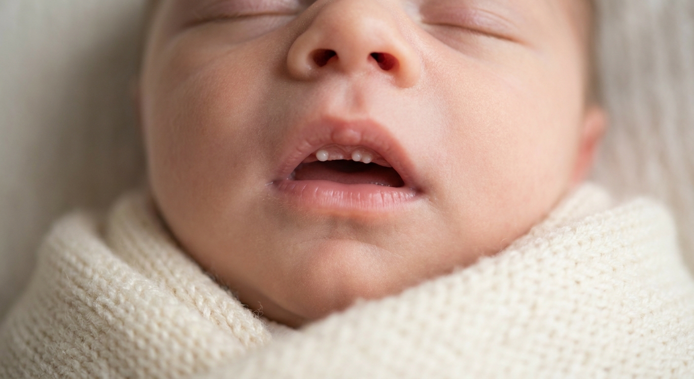 A close-up real photograph of a newborn’s mouth showing tiny white pearl-like bumps along the upper gumline, soft natural lighting