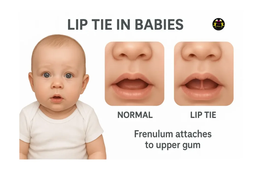 A close-up real photograph of a newborn’s mouth with the upper lip gently lifted, showing a small upper lip frenulum attaching high on the gum