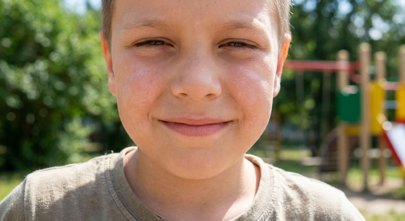 A close-up real photograph of a school-age child outdoors in bright summer light with faint, irregular pale patches on the cheeks and mild dryness on the skin, natural candid photo