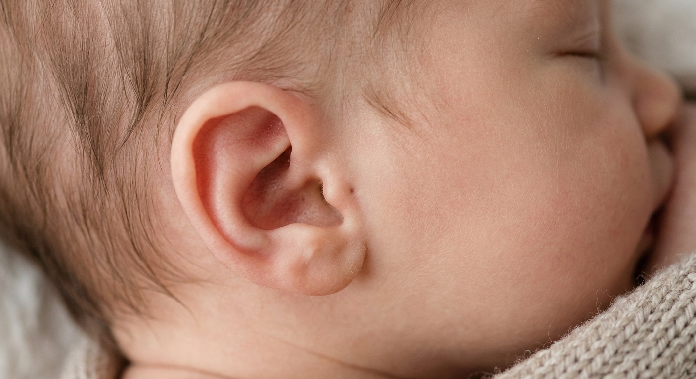 A close-up real photograph of a sleeping newborn’s ear showing a tiny preauricular pit at the front of the ear near the crease, soft natural lighting