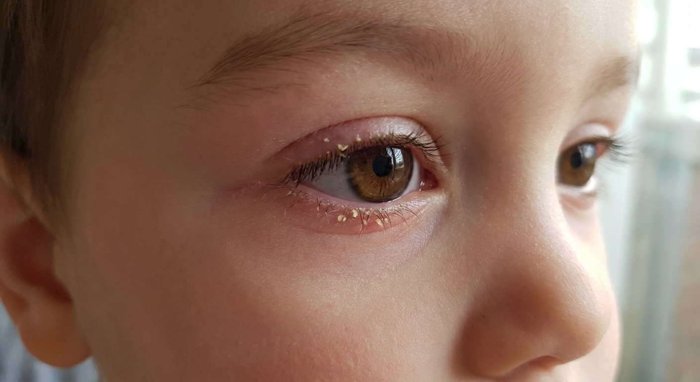 A close-up real photograph of a young child’s eye with mild redness at the eyelid margin and flaky crust along the eyelashes, natural indoor lighting