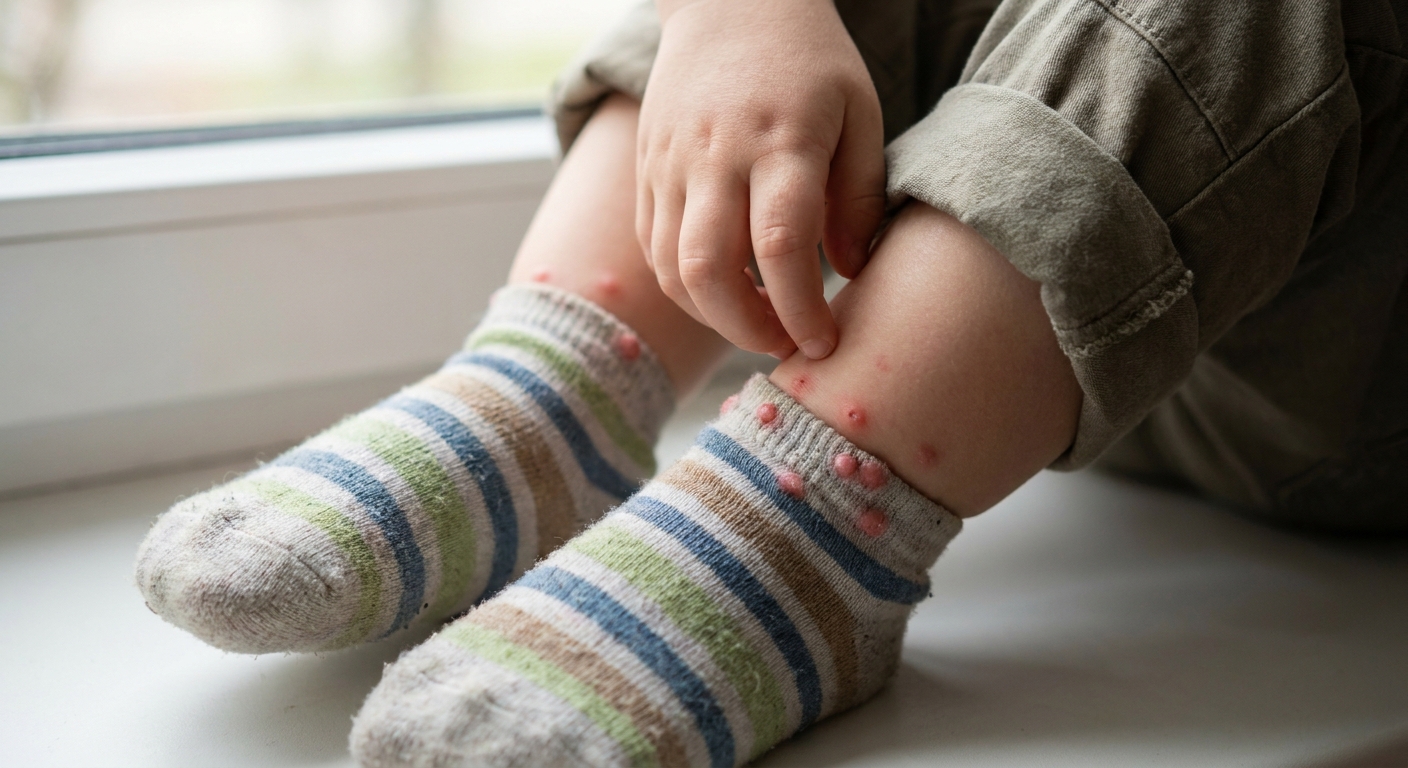 A close-up real photograph of a young child’s lower legs and ankles with several small red itchy bumps clustered around the sock line, natural indoor light