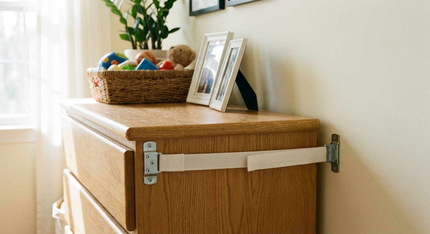 A close-up real photograph of an anti-tip strap securing a dresser to a wall in a family room, with neutral decor and soft daylight