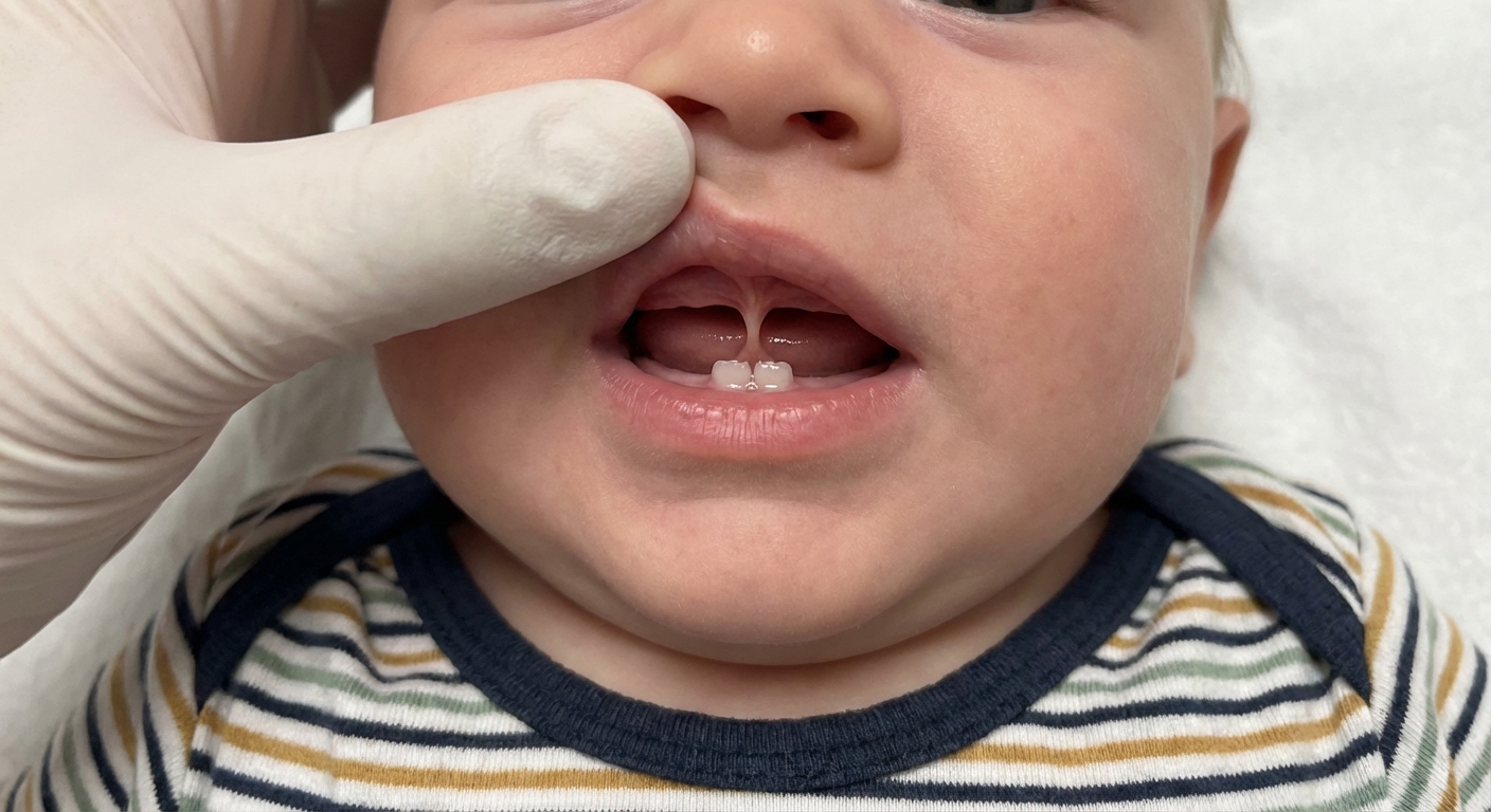 A close-up real photograph of an infant’s upper lip lifted to show a thicker upper labial frenulum attaching lower on the gum line