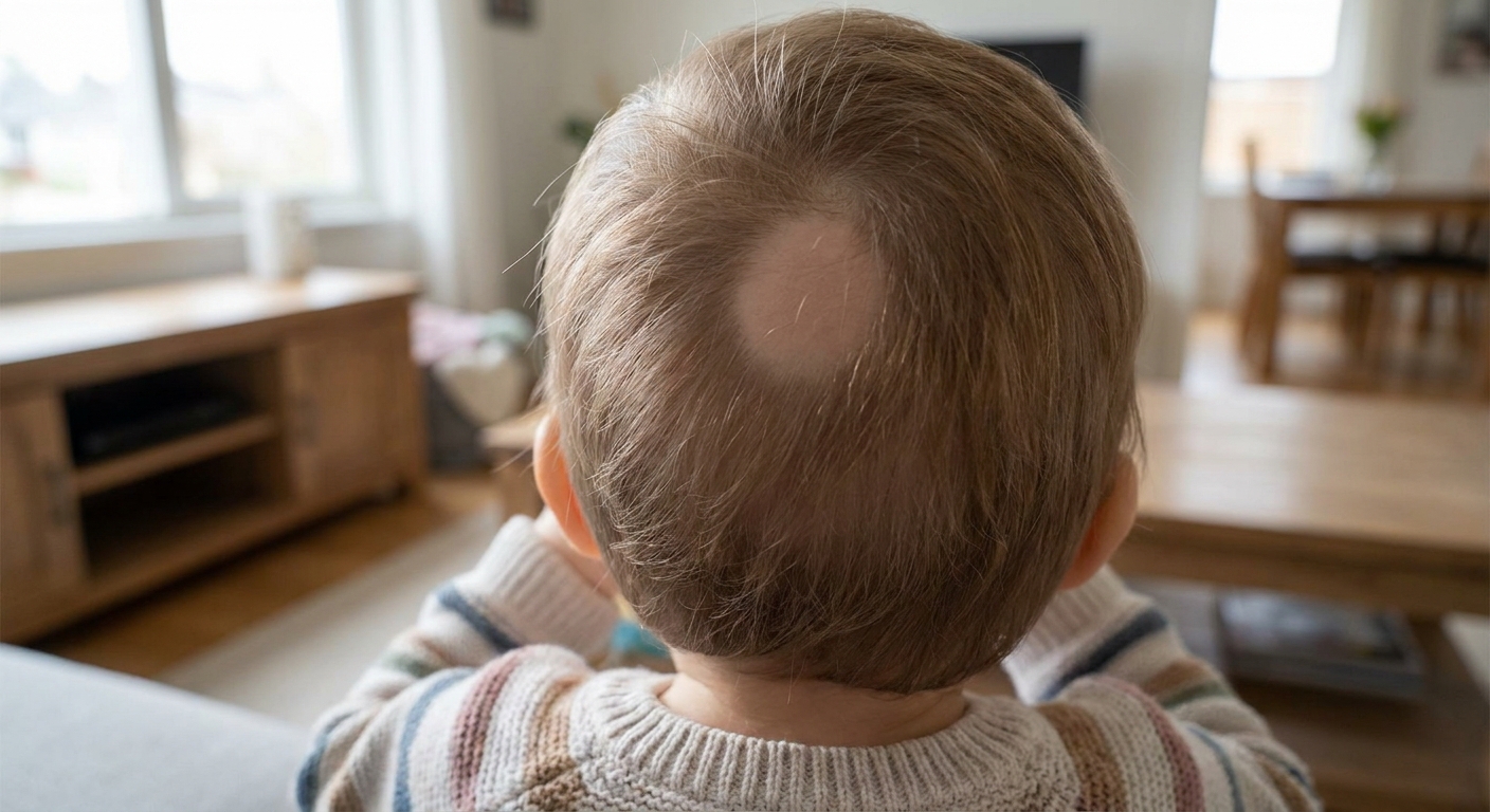 A close-up real photograph of the back of a young child’s head showing a single smooth round bald patch on the scalp, taken in natural indoor light