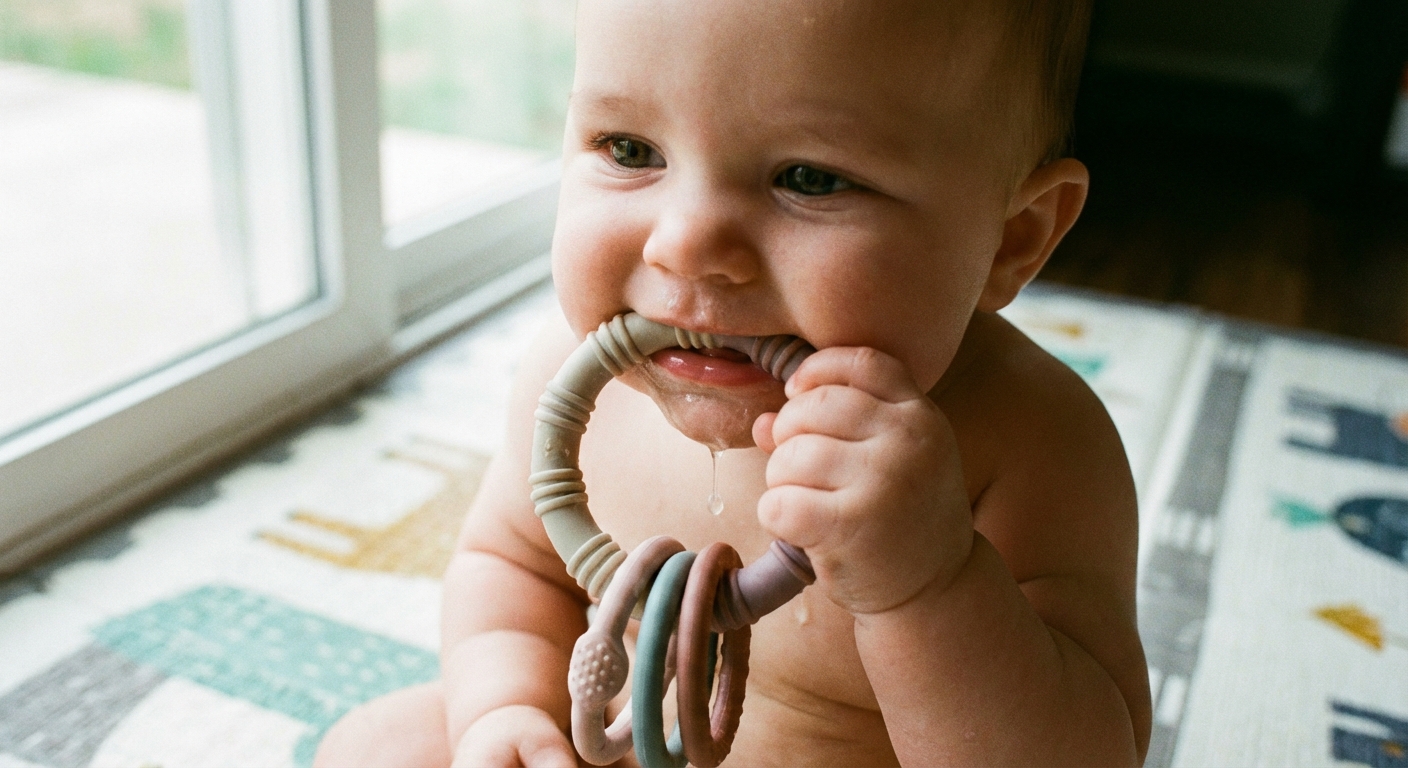 A close-up, realistic photo of a baby sitting on a play mat chewing on a silicone teether ring, with a bit of drool on their chin in soft natural window light
