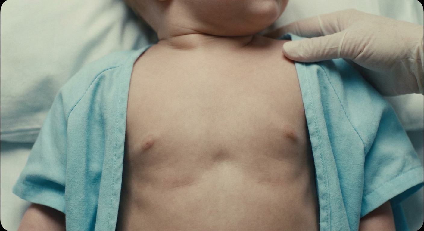A close-up, realistic photo of a baby’s chest and neck area showing visible retractions while breathing, in a clinical education style without any text