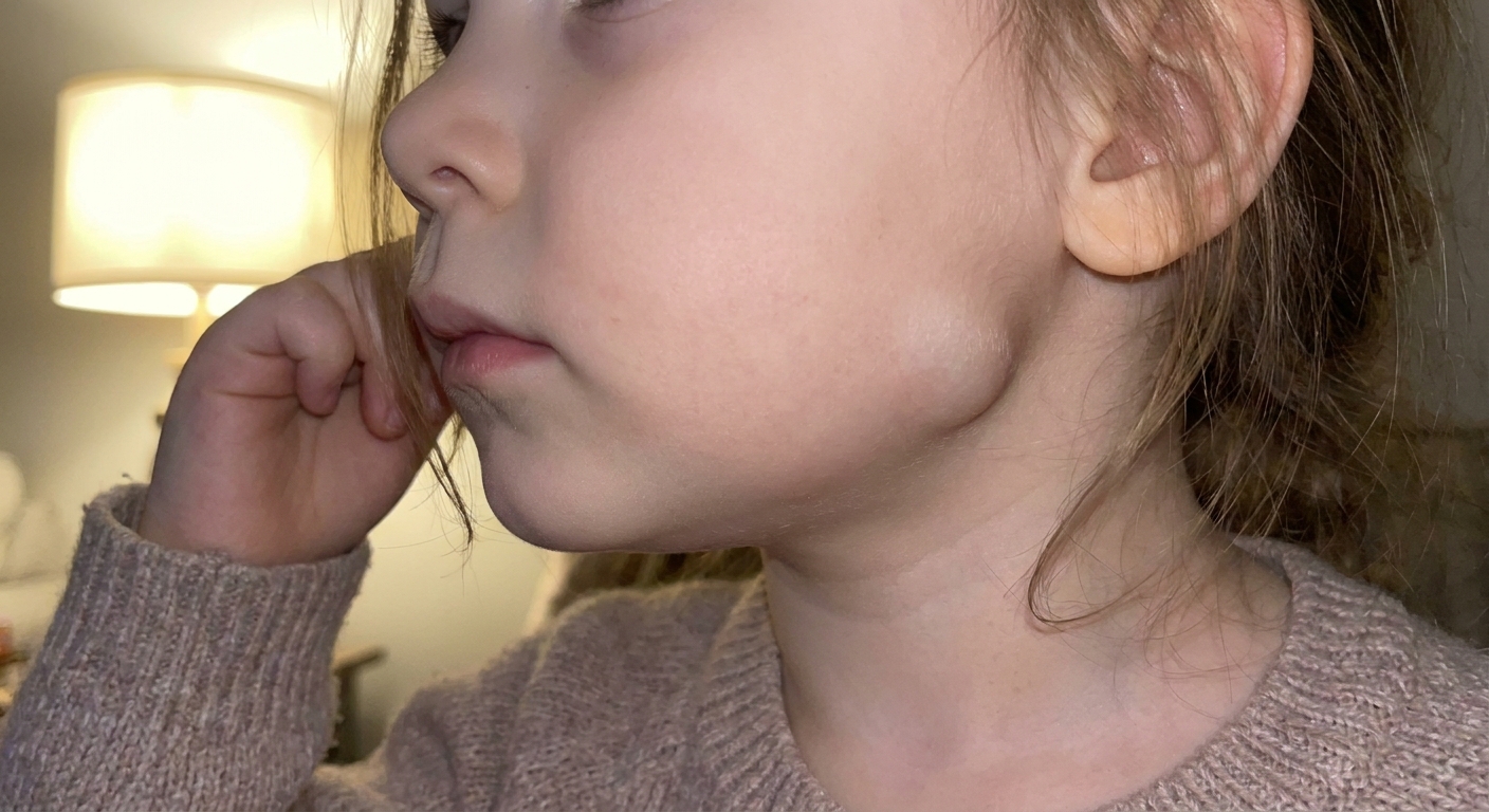 A close-up, realistic photo of a child’s lower face and jawline showing noticeable swelling near the parotid area in front of one ear, soft indoor lighting