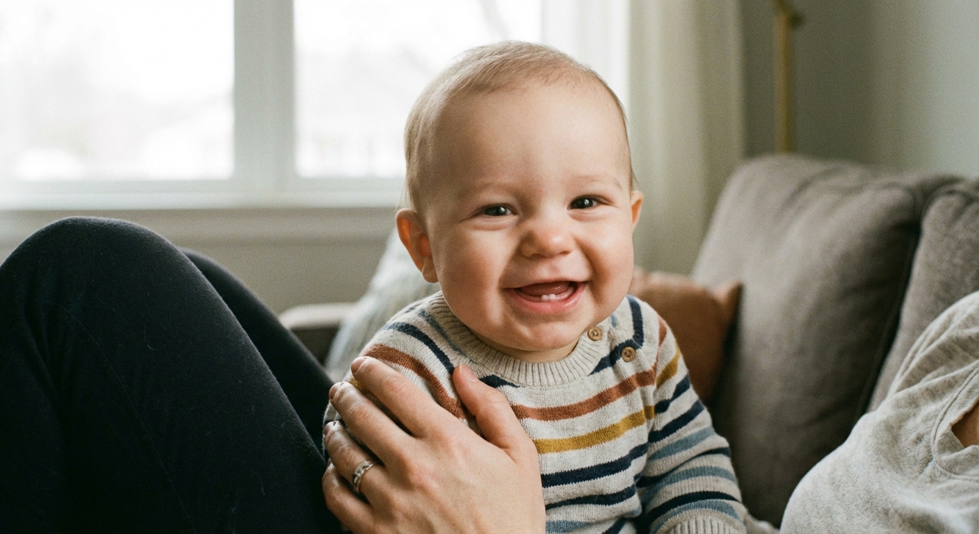 A close-up, realistic photo of a smiling baby with a tiny newly erupted bottom front tooth visible, sitting in a parent’s lap in soft daylight