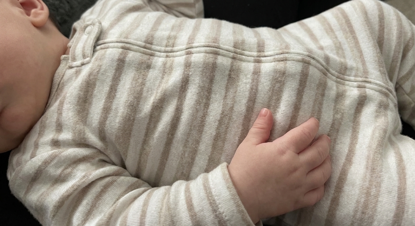 A close-up view of an infant’s chest and belly while breathing, showing pulling in under the ribs
