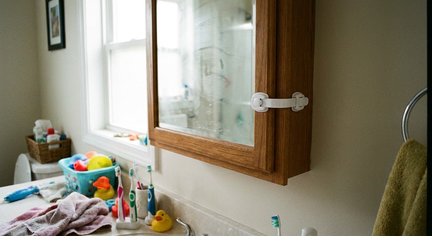 A closed, wall-mounted medicine cabinet with a child safety lock in a family bathroom, realistic home environment