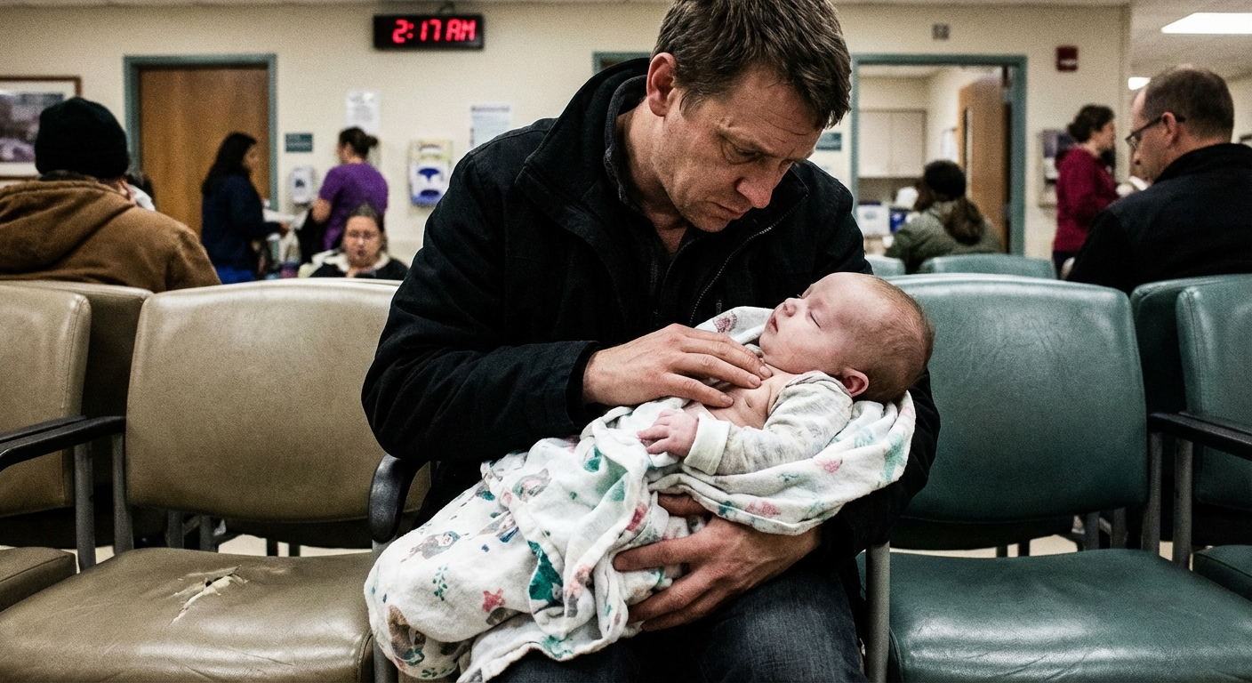 A concerned parent holding an infant in an emergency department waiting area, the baby looking lethargic while the parent watches the baby’s breathing, realistic documentary photo