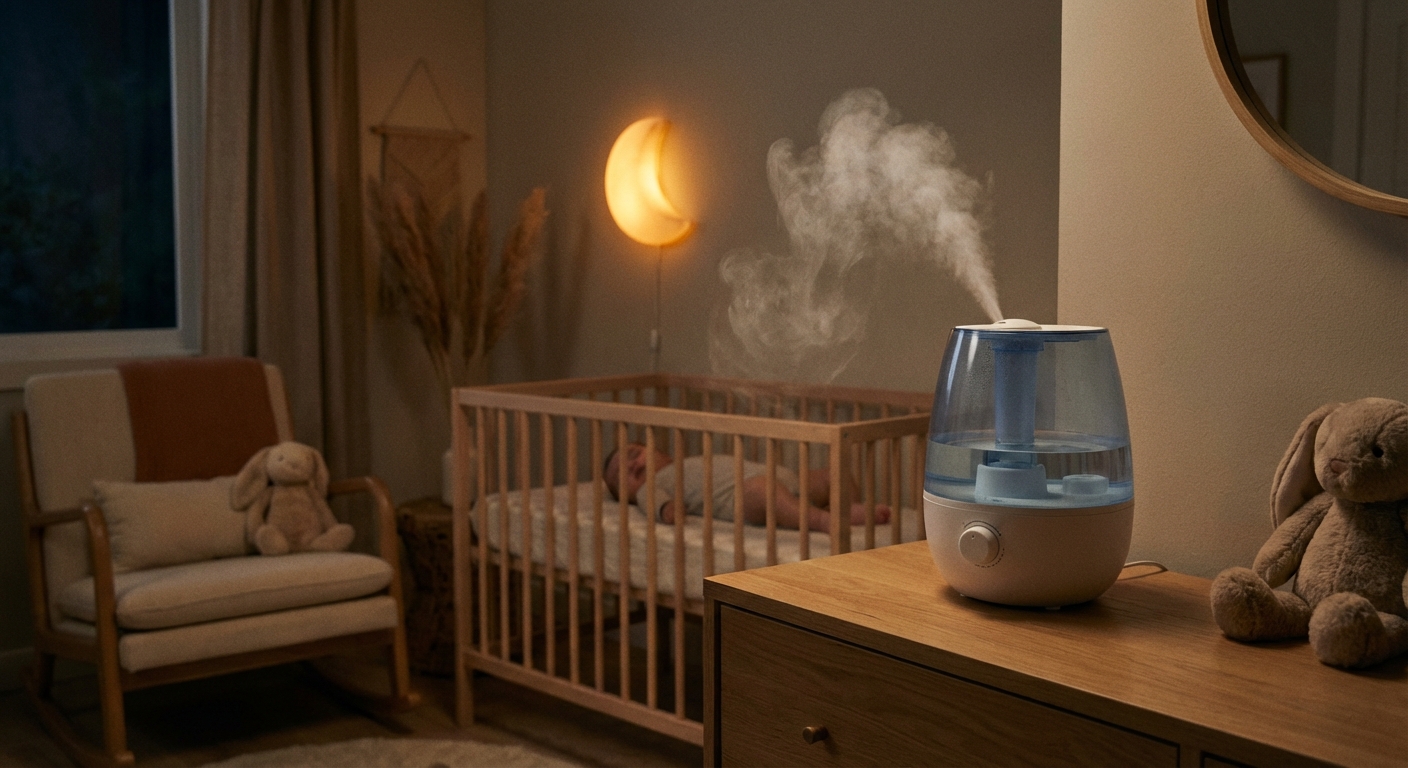 A cool-mist humidifier on a dresser in a calm nursery with a soft night light