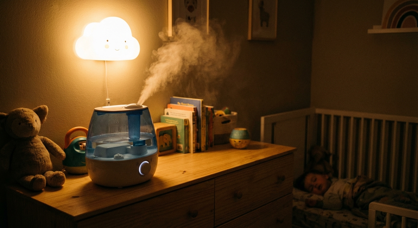 A cool-mist humidifier on a dresser in a toddler’s bedroom at night with a soft nightlight glow, calm home photograph
