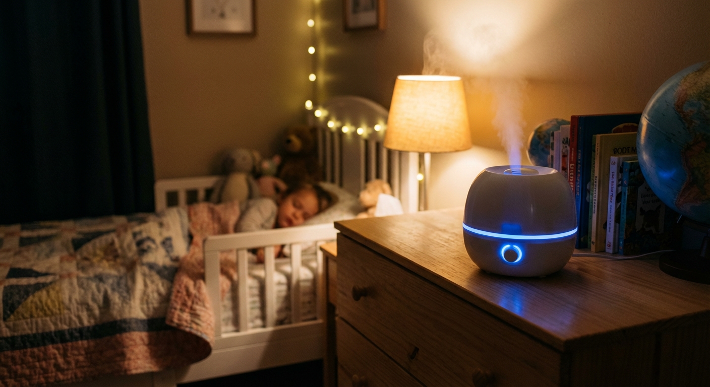 A cool-mist humidifier running on a dresser in a toddler bedroom at night with soft warm lighting, a toddler bed visible in the background, photorealistic