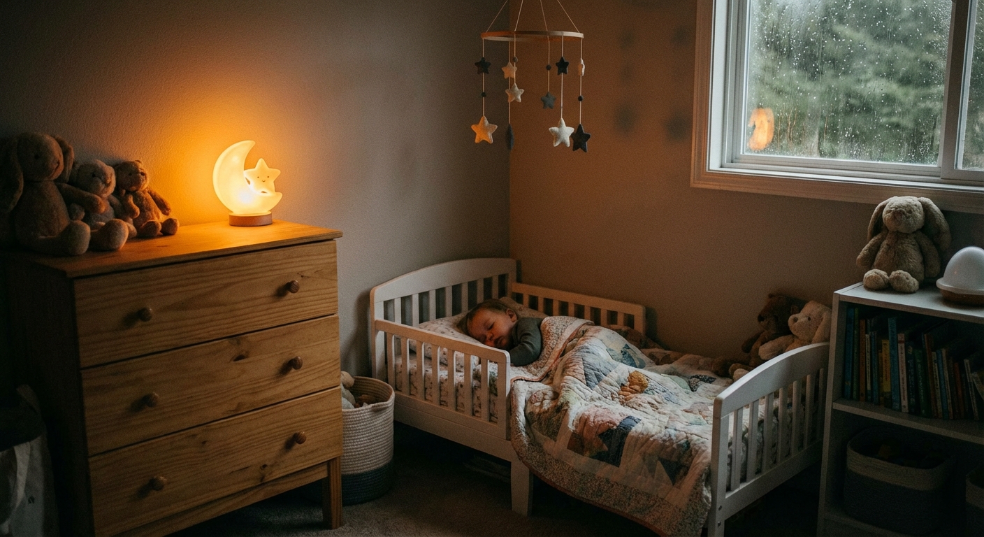 A cozy toddler bedroom at night with a warm-glow night light on a dresser and a child tucked into bed, photorealistic