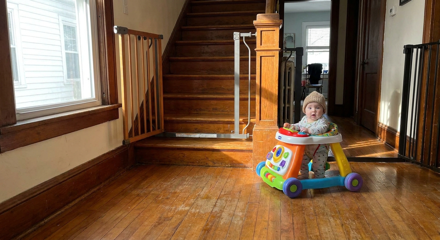 A curious infant sitting in a wheeled baby walker on a hardwood floor near the entrance to a staircase, real home setting, natural light