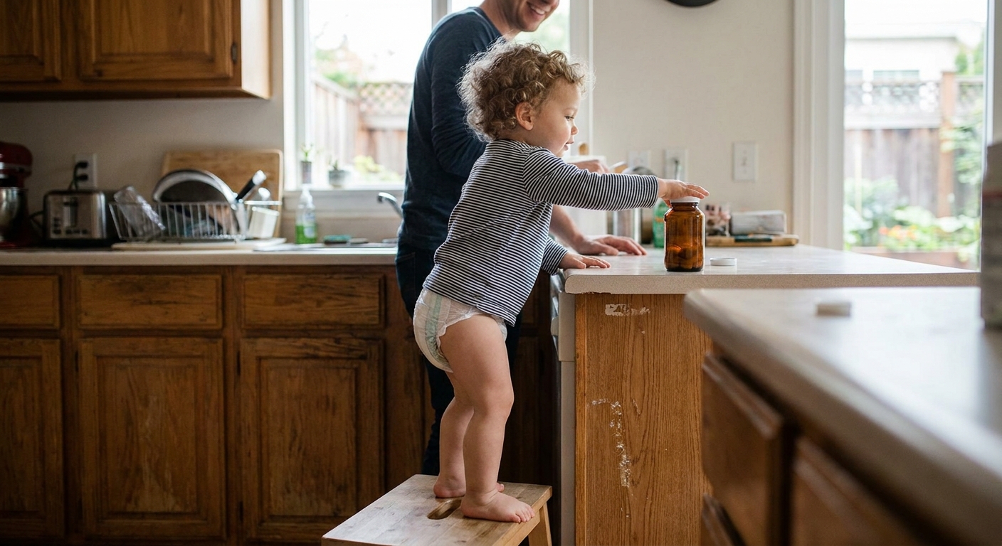A curious toddler standing on tiptoes reaching toward a bottle of vitamins on a kitchen counter, natural indoor lighting, real-life parenting moment