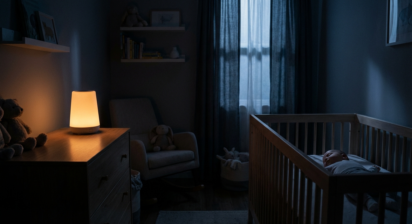 A dark nursery with a white noise machine glowing softly on a dresser next to a crib, calm nighttime atmosphere, photorealistic