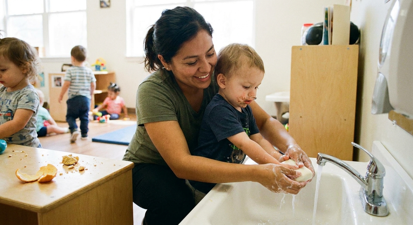 A daycare teacher helping a toddler wash hands with soap at a small classroom sink after snack time, candid real-life photo