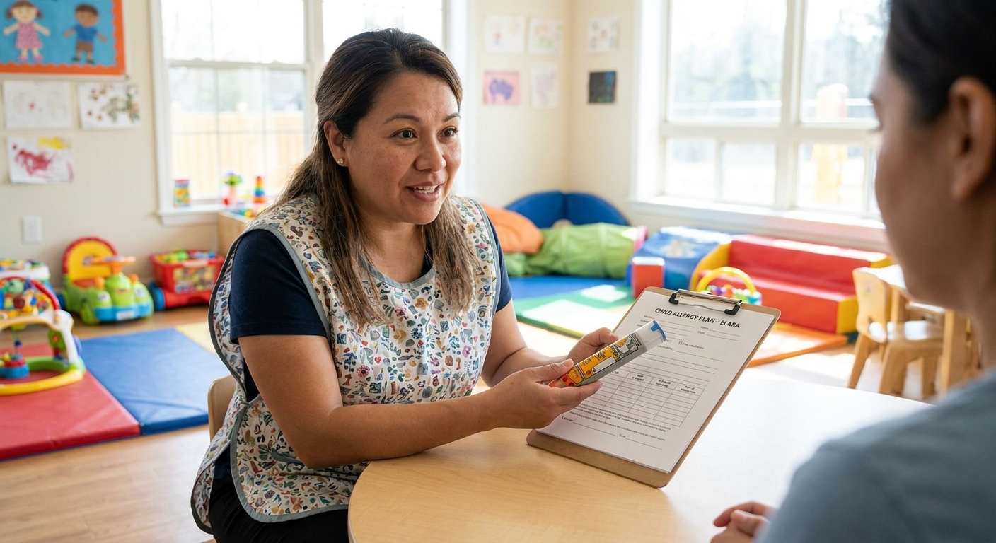 A daycare teacher holding an epinephrine auto-injector trainer in a classroom while reviewing a child allergy plan on a clipboard, natural light photo